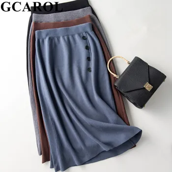 

GCAROL Women High Elastic Waist With Buttons Knit Skirt 30% Wool Fall Winter Cashmere Wrap Hip Mid Length Skirt Multi Occasions