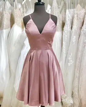 

Spaghetti Straps V Neck Prom Dress A Line Short Cocktail Dresses for Homecoming Party