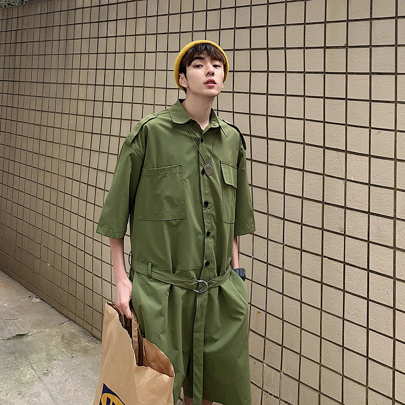 New Jumpsuit Men Summer Men's Half Sleeve Belt Pockets Jumpsuit Hip Hop Man Streetwear Pants Short Overalls Men