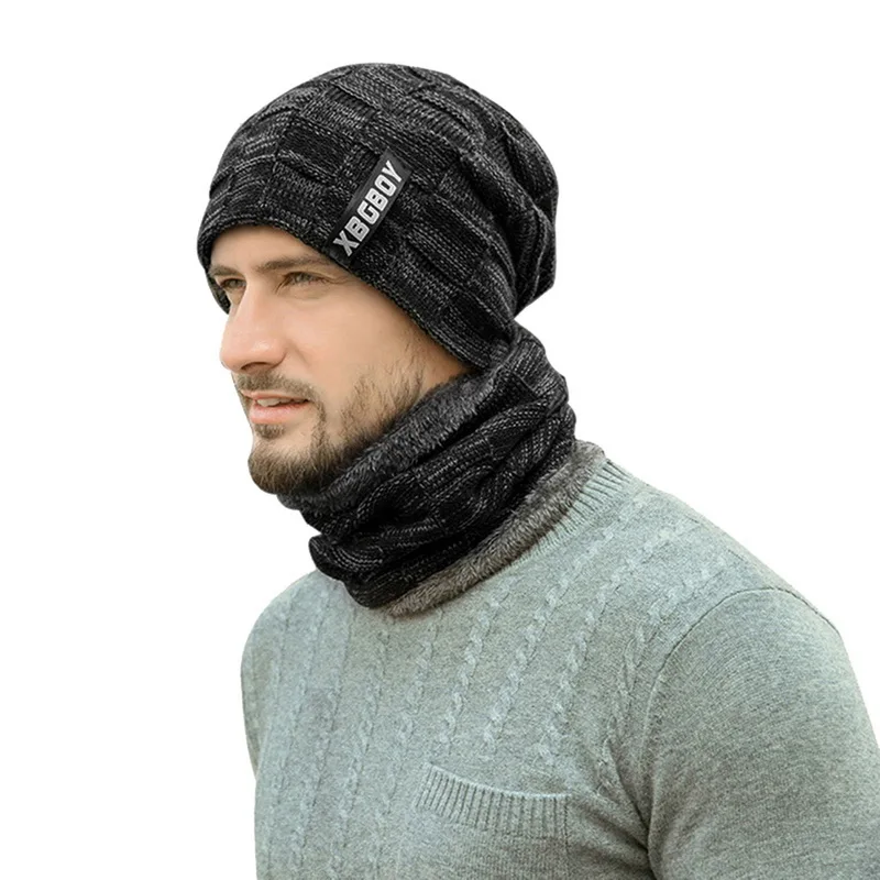 Комплект из 2 предметов, повседневная шапка+ шарф, модный мужской комплект, новинка, зимние теплые вязаные плотные шапки с черепом и мягкие плюшевые шерстяные шарфы