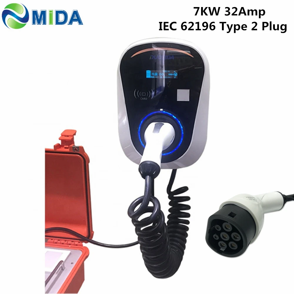 Wallbox Type 2 Plug DUOSIDA 32 Ампер 7 кВт EV зарядное устройство с точечным валлоком AC EV зарядная станция с 5 м тип 1 штекер Тип 2 EVSE разъем электрическое автомобильное зарядное устройство - Цвет: Wallbox Type 2 Plug