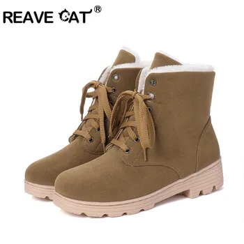 

REAVE CAT snow ankle boots ladies platform lace up boots winter flock warm cotton shoes flat heels footewar casual botas mujer