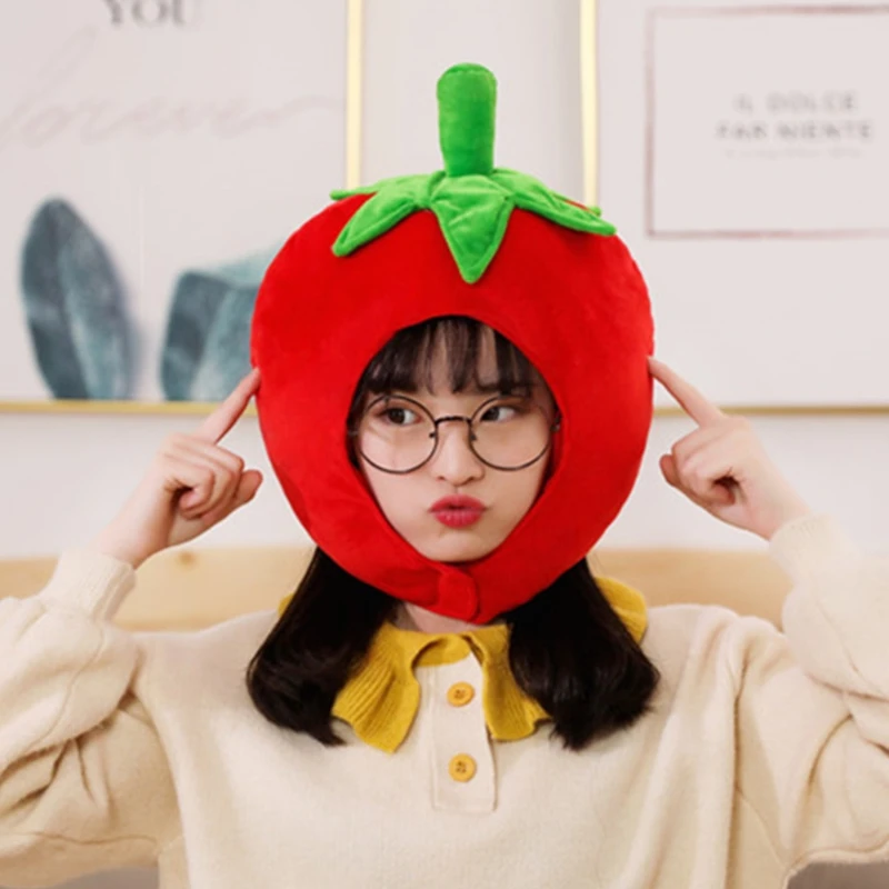 Lovely Tomato Shape Plush Hat Funny Fruit Stuffed Toys Headgear Warm Earflap Cap Performance Cosplay Party Photo Props 6