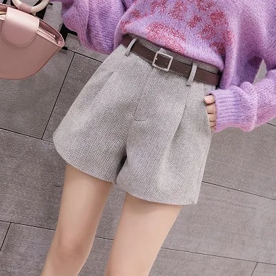 light grey Зимние шерстяные женские шорты, осенняя Корейская верхняя одежда, широкие шерстяные женские шорты с поясом, высокая талия, тонкие короткие женские шорты - Цвет: light grey