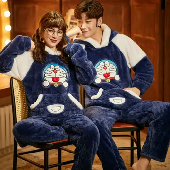

JULY'S SONG Couple Pajama Sets Flannel Winter Pajamas For Woman Long Sleeve Full Trousers Cute Warm Thick Flannel Homewear Suit