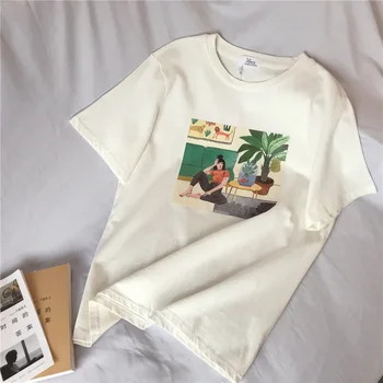 

Leisure Time Painting Women Beige T Shirt Short Sleeve Fashion Tee Shirt Tops
