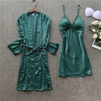 

Pajamas Women's Imitation Silk Sexy Lace Suspender Nightgown Two-piece Set Nightgown Set Long Sleeve Home Clothes