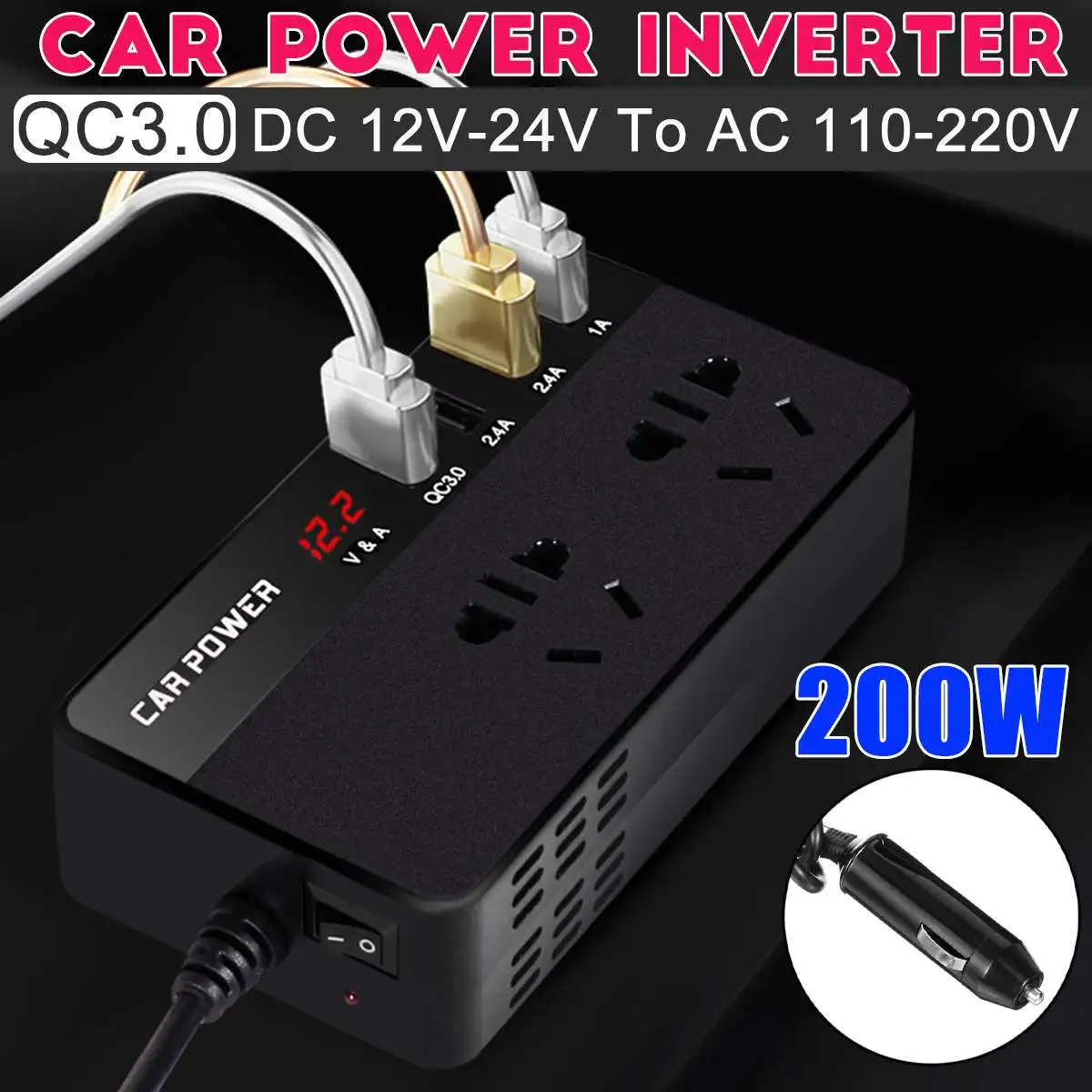 200w Qc3.0 Car Power Inverter Dc 12v/24v To Ac 110/220v 4 Usb Auto