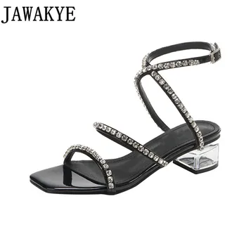 

INS Rhinestone Chunky Heels Sandals Women Block Clear heel Crystal Ladies Shoes Summer Ankle Strap Party Shoes Sandalias Mujer