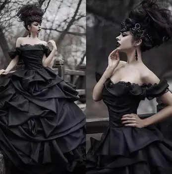 

Tradition Black Gothic Wedding Dresses Victorian Punk Ball Gown Wedding Dresses Off The Shoulder Tie Up Satin Princess Bride 50S