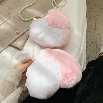 

Contrast color Heart-shaped Crossbody bag 2019 Winter New Quality Soft Plush Women's Handbag Pearl Chain Shoulder Messenger Bag