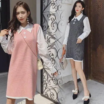 

2019 autumn and winter new maternity dress loose knit maternity dress Korean version of the mosaic pregnancy skirt