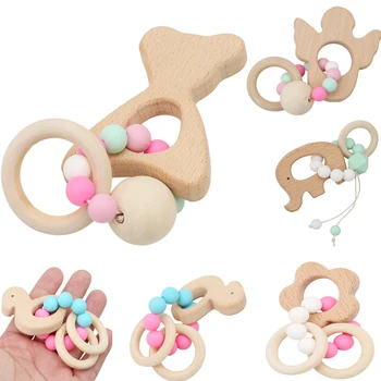 

Baby Nursing Bracelets Wooden Teether Crochet Chew Beads Teething Wood Cartoon Animal Rattles Toys Teether Montessori Bracelets
