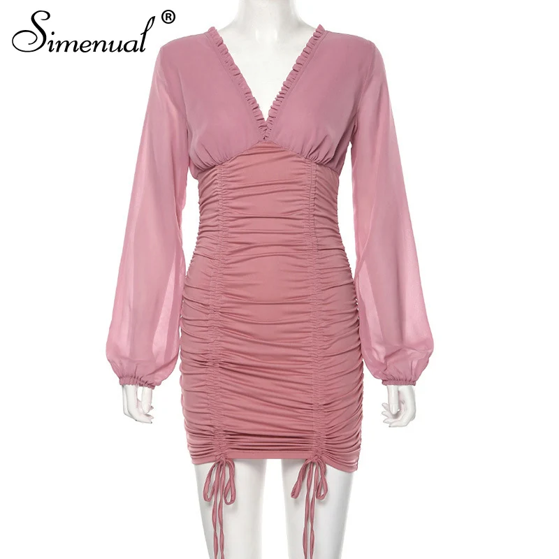 Simenual сексуальное облегающее платье с рюшами и v-образным вырезом, женское облегающее однотонное мини-платье с длинным рукавом и открытой спиной, осень, модные вечерние платья - Цвет: pink