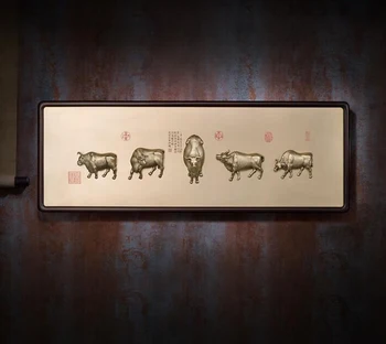 

36.2inches Chinese zodiac Animal Art Deco Brass Five Lucky Ox Oxen plaque sculpture Decoration Home Furnishings Gift Statue