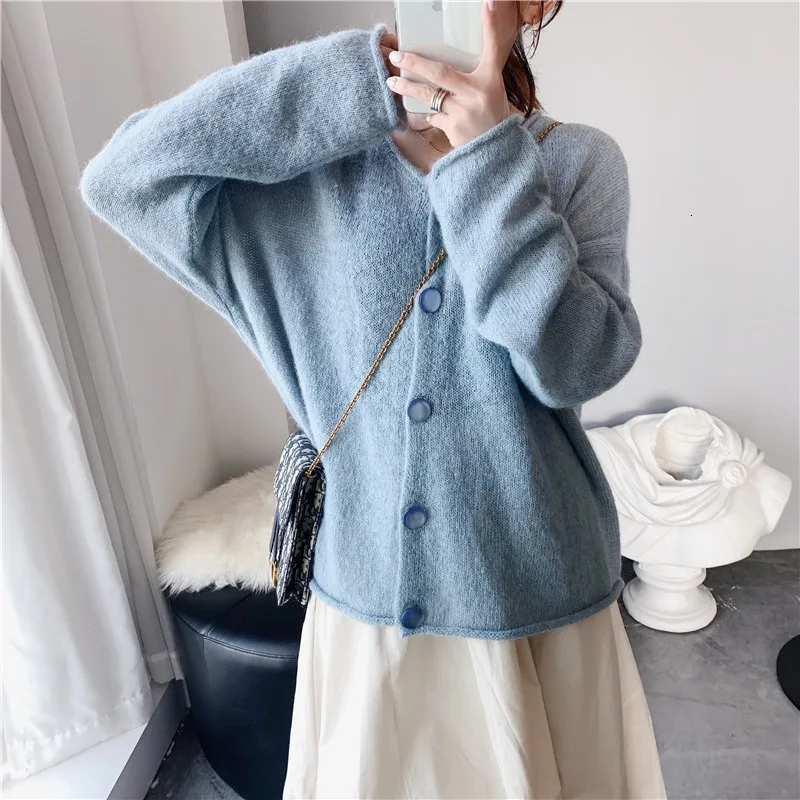 

TVVOVVIN 2019 Autumn New Code Single Row Buckle Round Neck Solid Color Beige Blue Pink Easy Cardigan Short Blouse Sweater L008