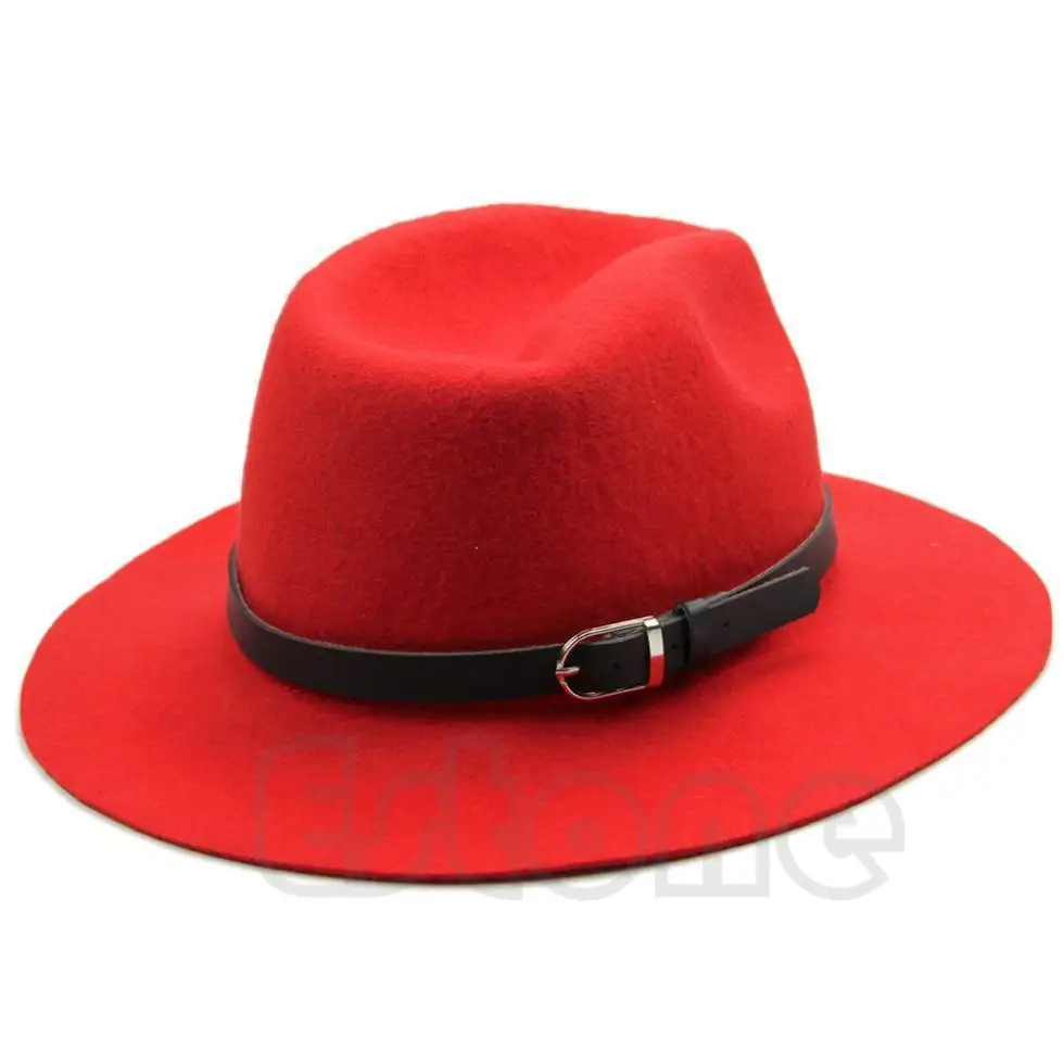 Красный Для женщин Шерсть Trilby Fedora ремень Кепка с пряжкой зима мужчин широкими полями Ковбой унисекс шляпа LX9E - Цвет: Красный