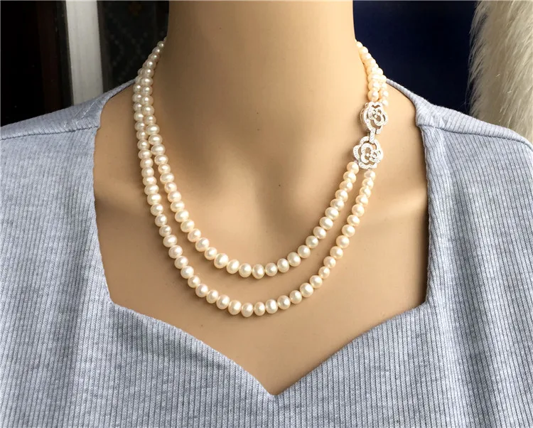 100% natural 7-8mm white freshwater pearl Hand knotted 43-48cm double necklace Rare jewelry | Украшения и аксессуары