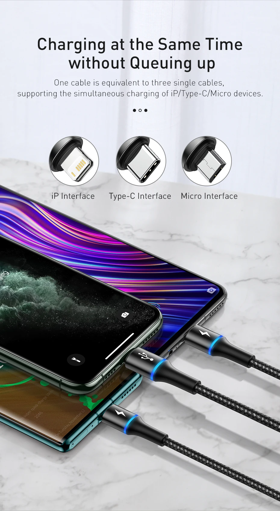 Baseus 3 in 1 USB Cable For iPhone Samsung Xiaomi Type C Fast Charging Micro USB Cable 3in1 USB Type-c USBC Data Wire Cord
