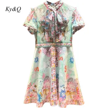 

Vintage Runway Designer Party Clothing 2020 Autumn Women Fashion Printed Bow Collar Slim Short Sleeve A-line Dress