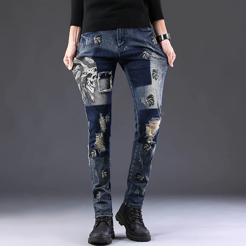

High Street Fashion Men Jeans Retro Blue Slim Fit Elastic Ripped Jeans Indian Skull Embroidery Hip Hop Jeans Men Biker Pants
