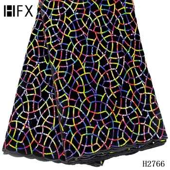 

HFX African laces fabric Latest colorful French Nigerian Sequins Lace Fabrics Glitter Velvet Sequins Lace For Party dress X2766