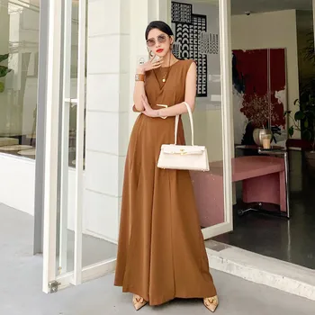 

New Arrivals Chic Fashionable Elegant Fashion Solid Brown O-neck Belt Adjustable Side Split OL Suits Sleeveless Comfort Pants