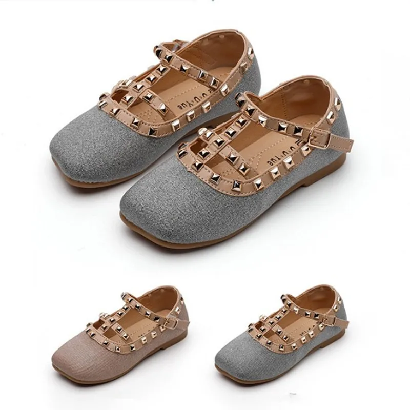 

Fashion Children Leather Shoes Kids Soft sole rivet Princess Shoes blingbling Girls Single shoes chaussure fille pink silver