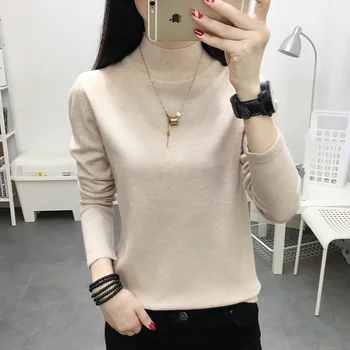 

Pullover Poncho Korean Pure Colour Semi-high Neck Sweater For Women Autumn And Winter 2019 New Slender Knitted Bottom Shirt