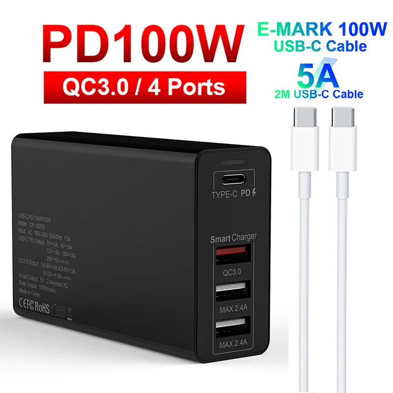 UTBVO 100W 4 портовый Мощность адаптер PD100W/65W/45W/18W QC3.0/PPS Зарядное устройство 5A E MARK USB c