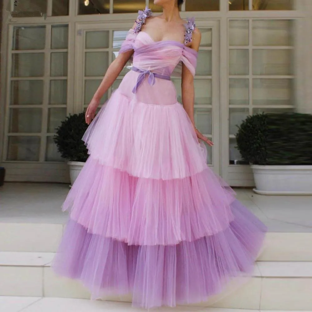 

Charming Pastel Violets Long Evening Dress 2020 Tiered Mixed Colors Tulle Bloom Straps Prom Dresses Formal Gown robe de soiree
