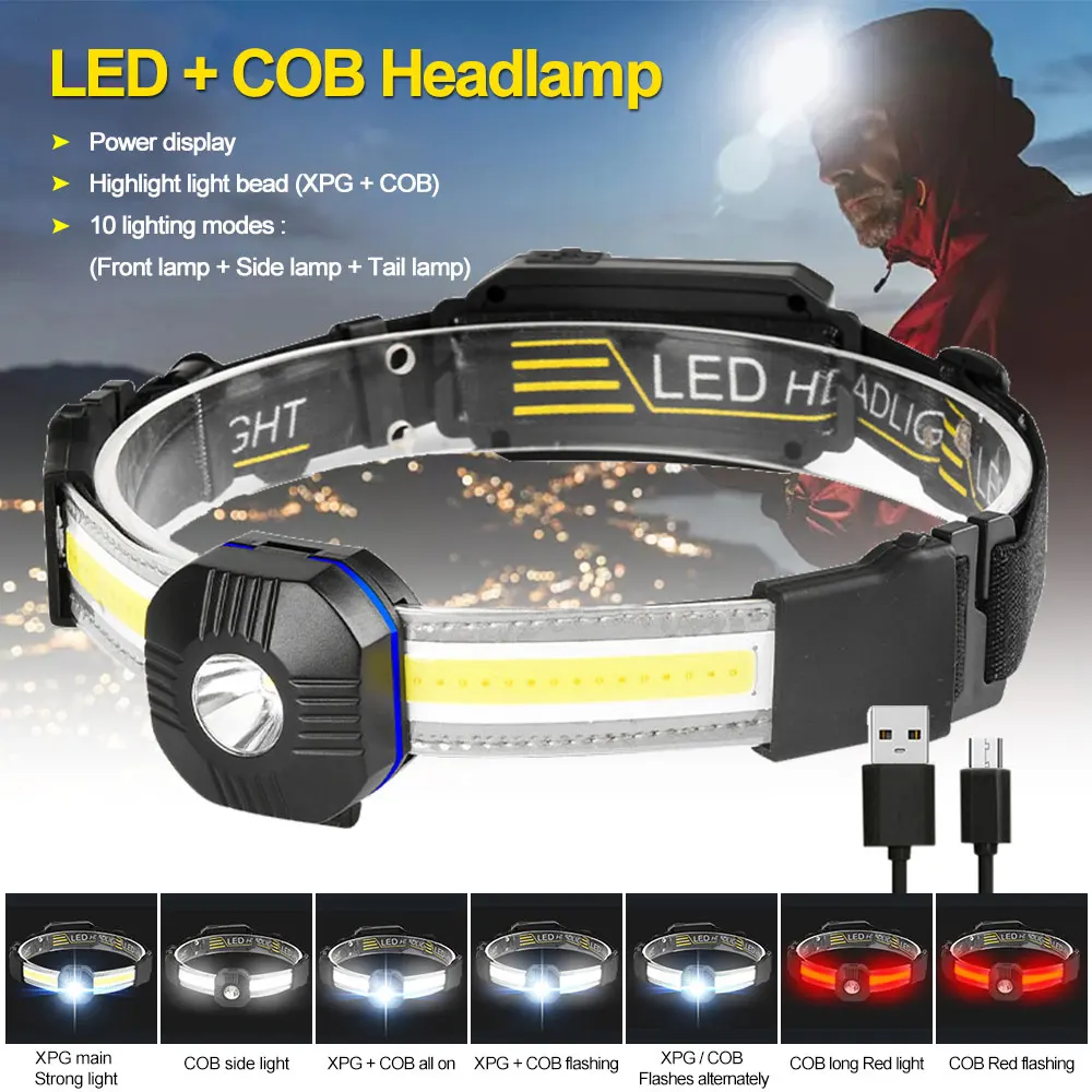 

1/2/3PCS XPG LED+COB Headlamp 10 modes USB Charging War Light Fishing Headlight Work Light Waterproof Lantern Camping Light