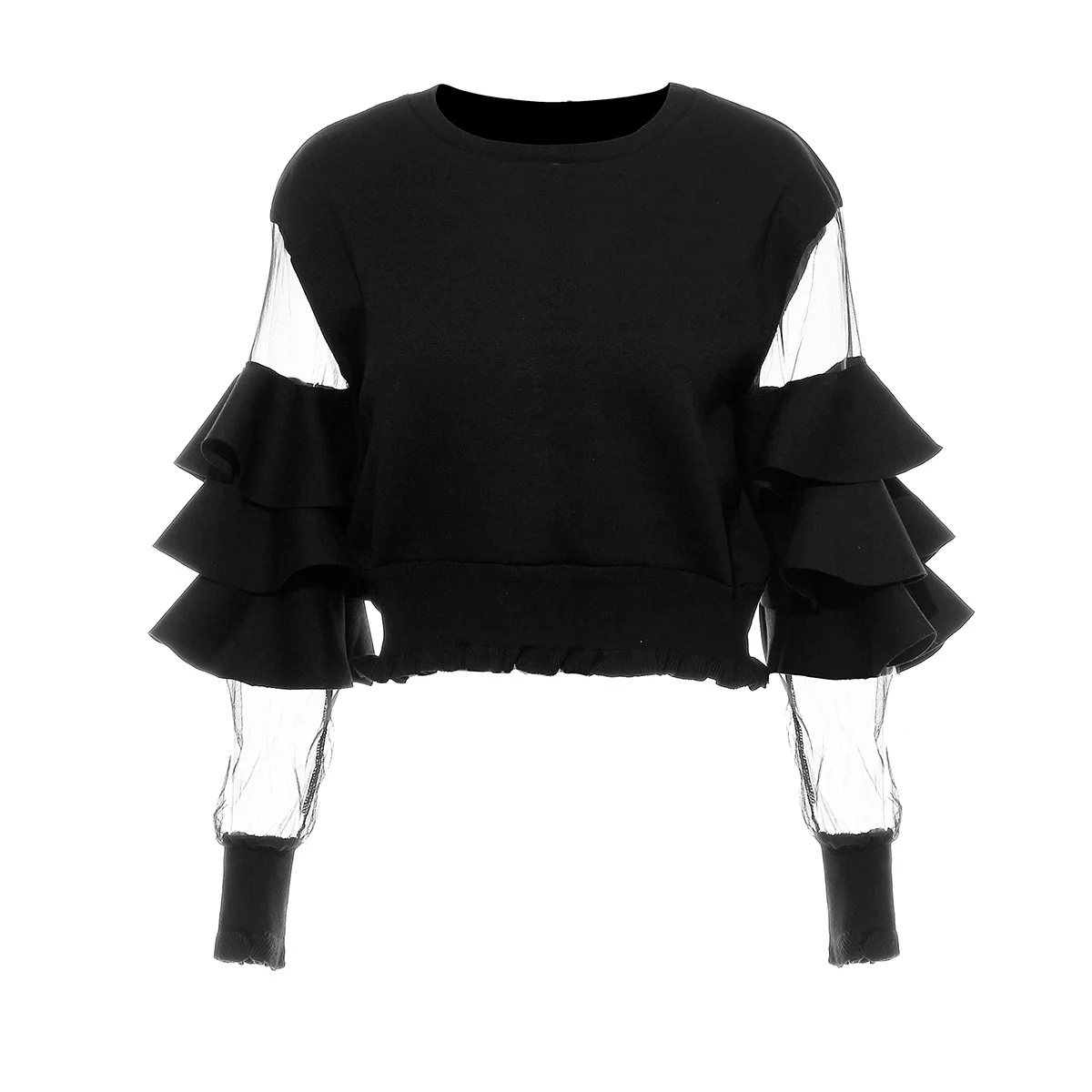 Mesh Women Cropped Sheer Sweatshirt Ruffles Short
