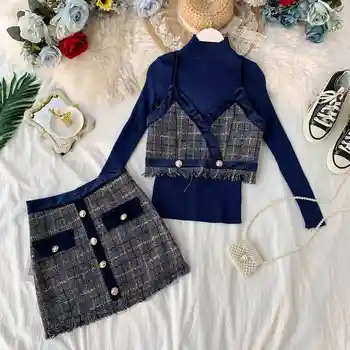 

Small Fragrance 3piece Suit Women Short Pull Sweater + Tweed Suspender Belt Jacket + Single Row Buckle Tassels Skirt Three Sets