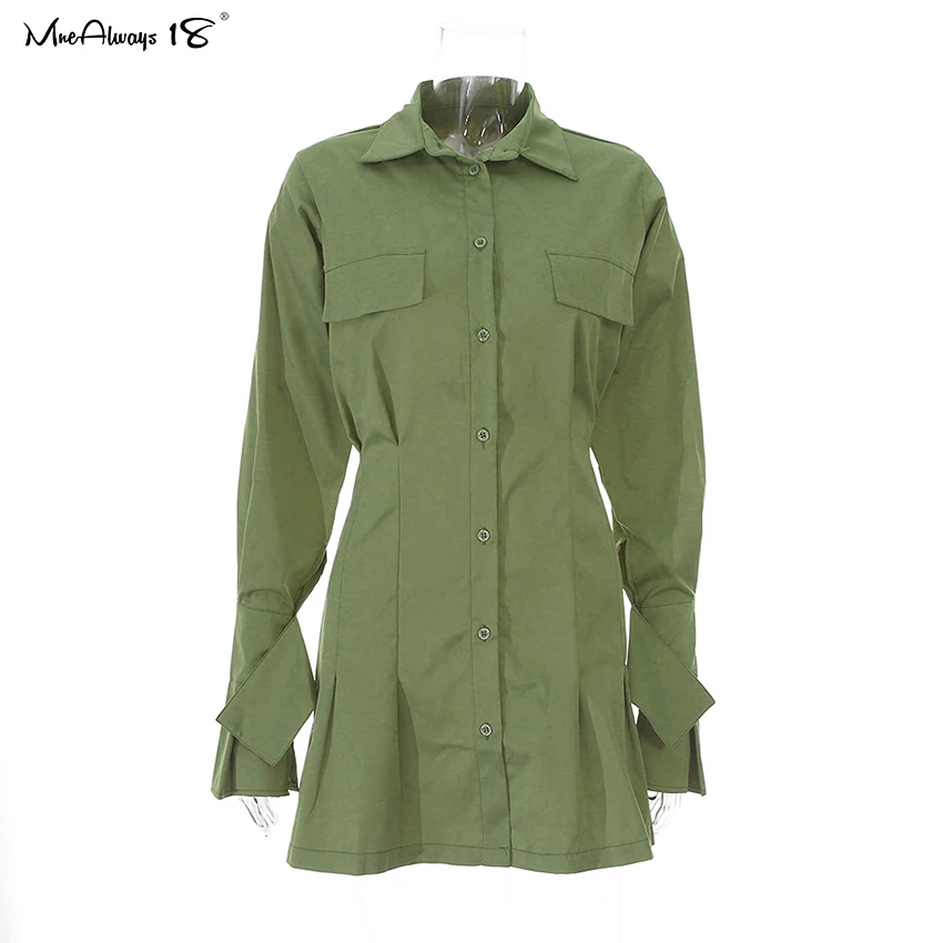 Mnealways18 Pleated Shirt Dress White Women Flare Sleeve Elegant Office Dress Summer Green Tunic Casual Dress Mini Spring 2020