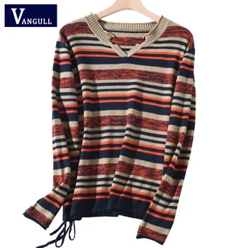 

Vangull Women Striped Sweater Casual Pullovers New Female Long Sleeve Knitted Sexy V Neck Winter Woman Knitting Pullover Jumper