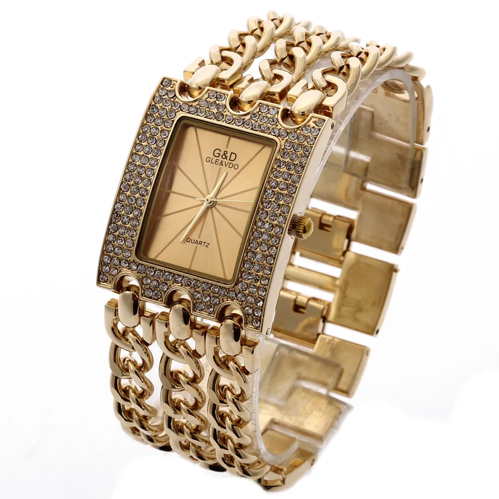 

G & Amp; D Fashionable White-Collar Diamond Set Luxury Three Chain Gold with Gold Surface with Man-made Diamond WOMEN'S Quartz W