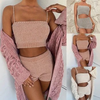 

Sleeveless Camisole Sweater Sexy 2 Piece Set Women Fashion Sling Crop Tops And Shorts Suit Autumn Winter Knitted Two Piece Set
