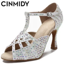 CINMIDY Sexy Rhinestone Pearl Dance Heels Tango Salsa Rumba Samba Latin Ballroom Dance Shoes Soft Sole Women Sandals