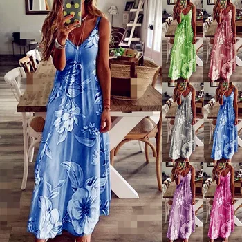 

2020 Women Casual Loose Strap Dress Floral Summer Sexy Boho Bow Camis Befree Maxi Dress Plus Sizes Big Large Dresses Robe Femme
