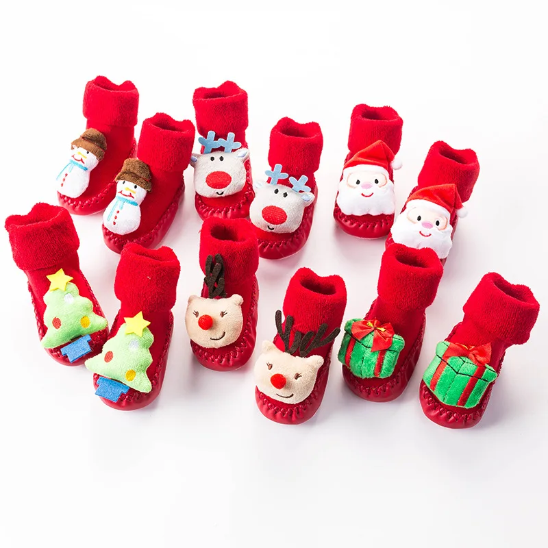 Fall winter Terry Padded Stereo Cartoon Baby Shoes Socks Christmas Baby Slip Toddler Red Floor Socks  Newborn Baby Shoes