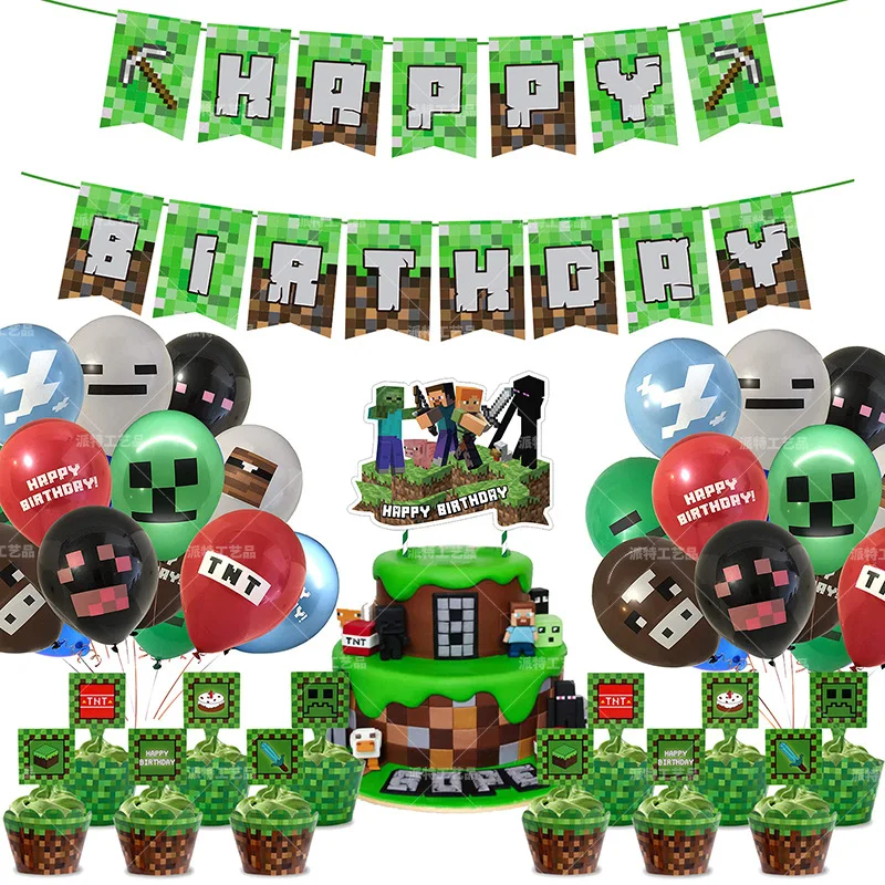 Pixel War Theme Party Decoration Latex Balloon Set Anime Happy Birthday Flags Banners Cake Card Kid's Favorite DIY Layout Toys | Дом и сад
