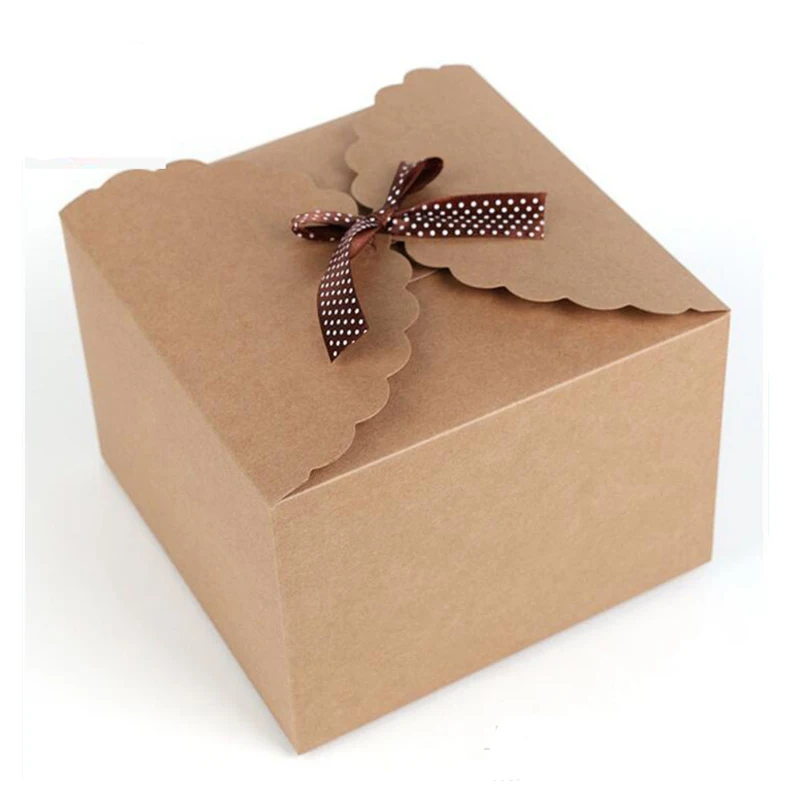

10pcs/lot Vintage Mini Kraft Paper Box DIY Wedding Favor Gift Box With Ribbon Cake Candy Box Packaging 9*9*6CM