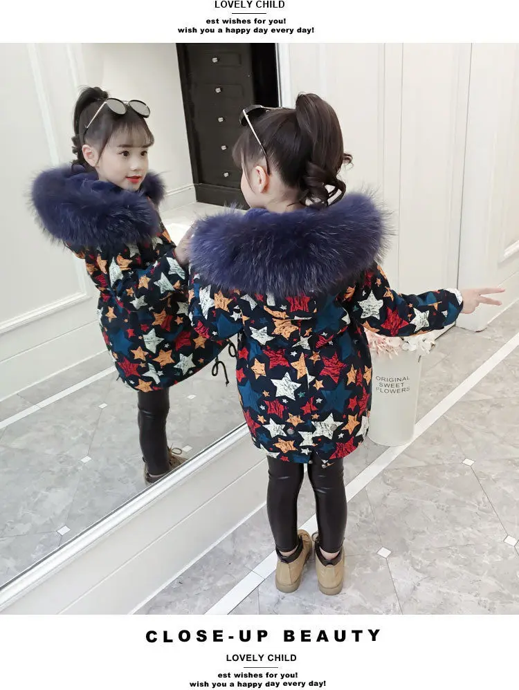 Fashion Children Winter down cotton Jacket Girl clothes Kids Warm Thick fur clothing Hooded long Coat For Teenage 4Y-13Y