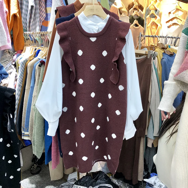 

Polka Dot Loose-Fit Dress Women's 2019 Winter Sleeveless Knit Waist Dotted Flounced Crew Neck Mid-length Sweater Dress