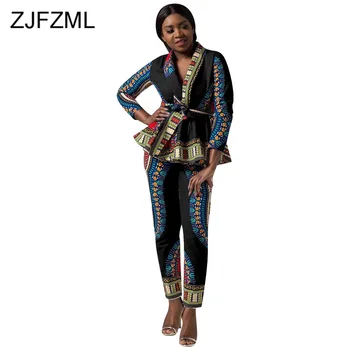 

Geometric Print Ruffle Sexy 2 Piece Set Sweat Suits Women V Neck long Sleeve Sashes Coat and Bodycon Pencil Pants Plus Size Set