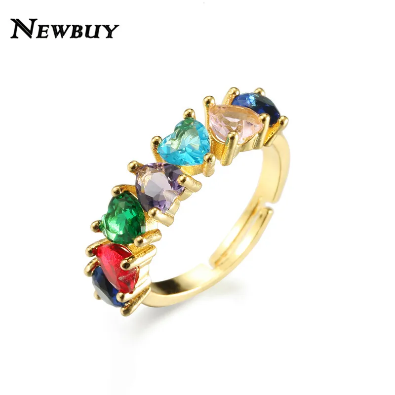NEWBUY Радужное кольцо в форме сердца с фианитом для женщин и девушек золотого цвета