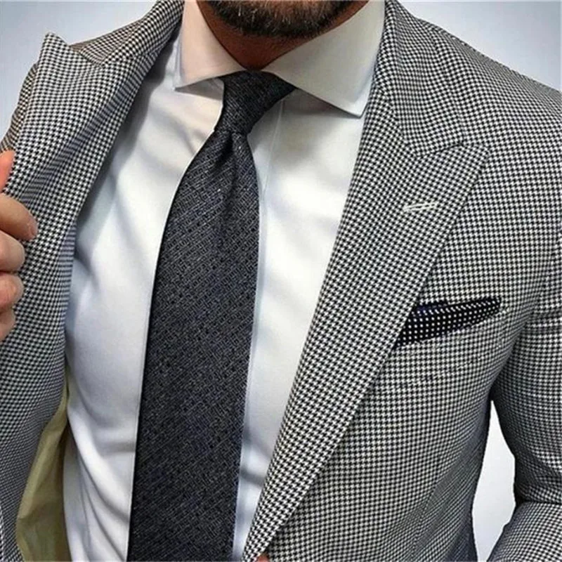 10-05New Style Groomsmen Peak Lapel Groom Tuxedos Houndstooth Men Suits WeddingPromDinner Best Man Blazer ( Jacket+Pants