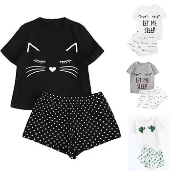 

Black Graphic Tee Frilled Striped Shorts Round Neck Short Sleeve Set Print 2019 Summer Women Patchwork Sleepwear Nightwear