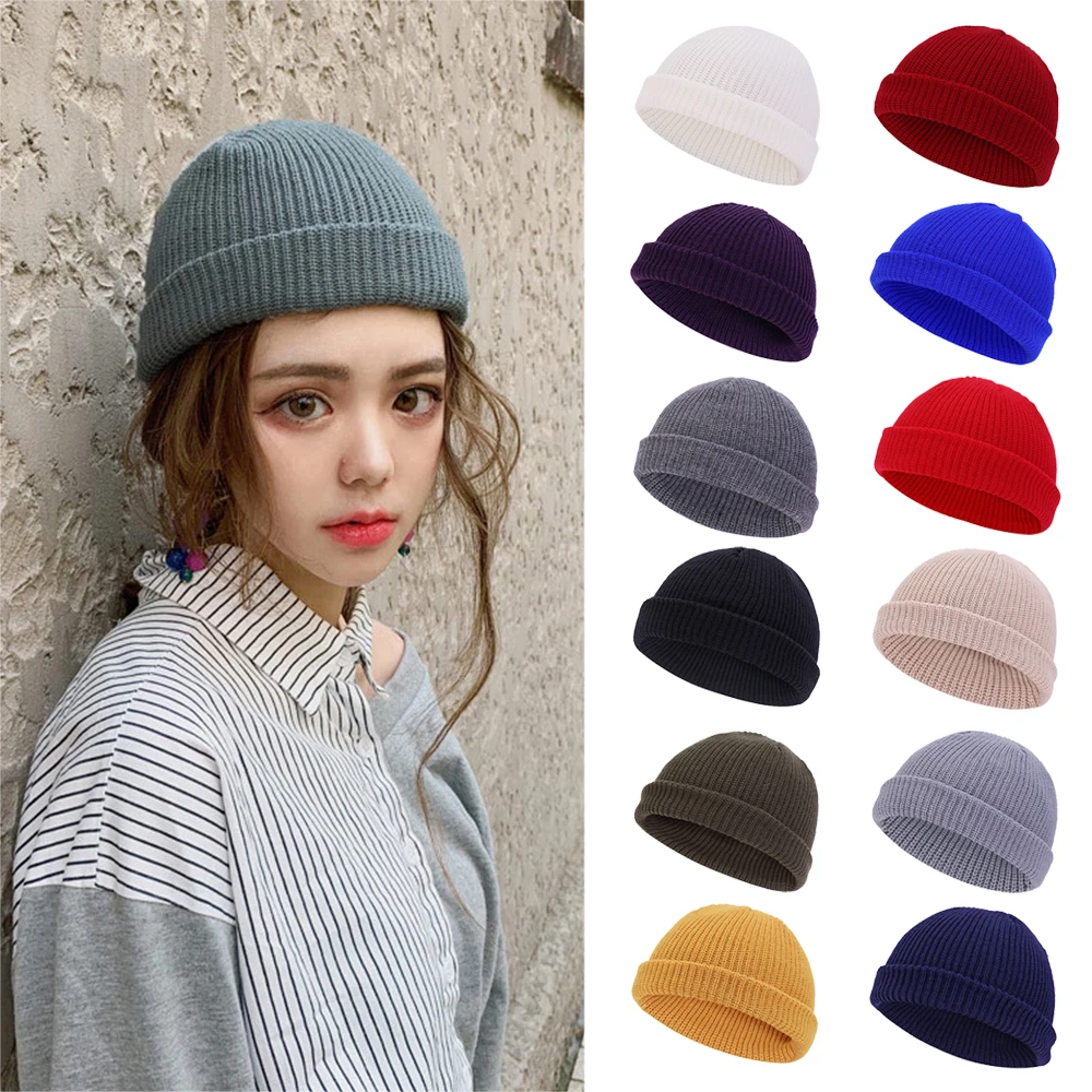 

1Pcs Unisex Winter Ribbed Knitted Cuffed Short Melon Cap Solid Color Skullcap Baggy Retro Ski Fisherman Docker Beanie Hat Slouch